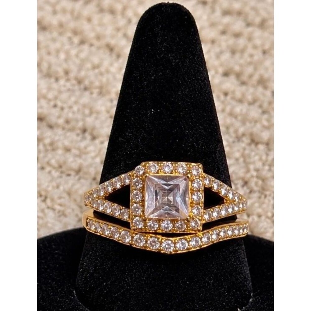Gold Tone Square Halo 2 Piece Wedding Ring Set Clear Zircon Size 8